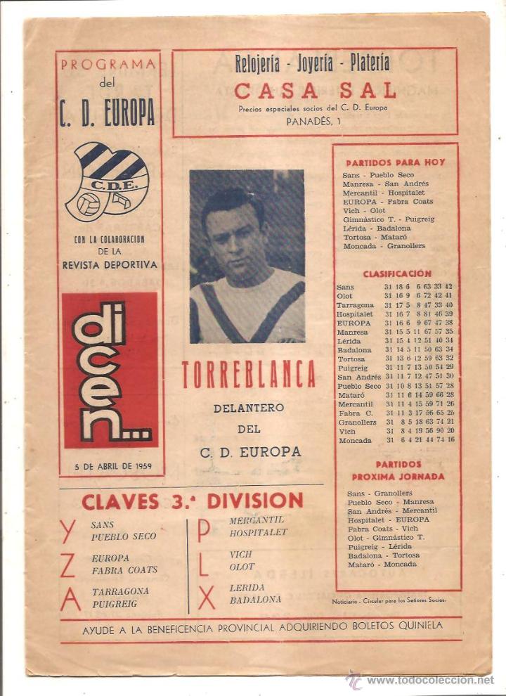 Colecionismo desportivo: PROGRAMA DEL C.D. EUROPA &ndash; COLABORACI&Oacute;N DE LA REVISTA DICEN&hellip; - 5 ABRIL 1959