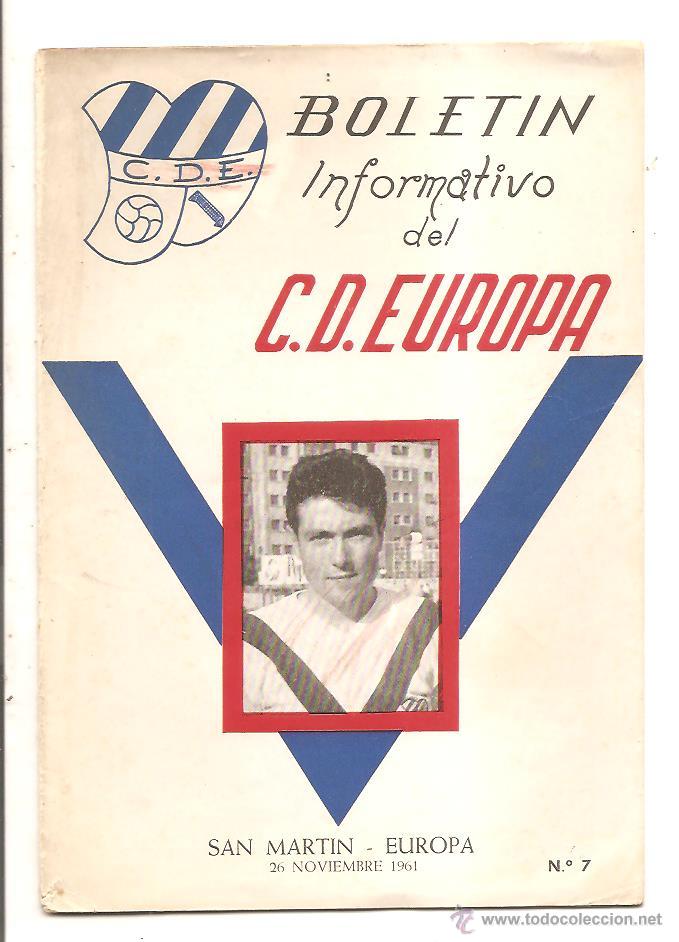 Colecionismo desportivo: BOLET&Iacute;N C.D. EUROPA N&ordm; 7 &ndash; SAN MART&Iacute;N-EUROPA &ndash; 26 NOVIEMBRE 1961