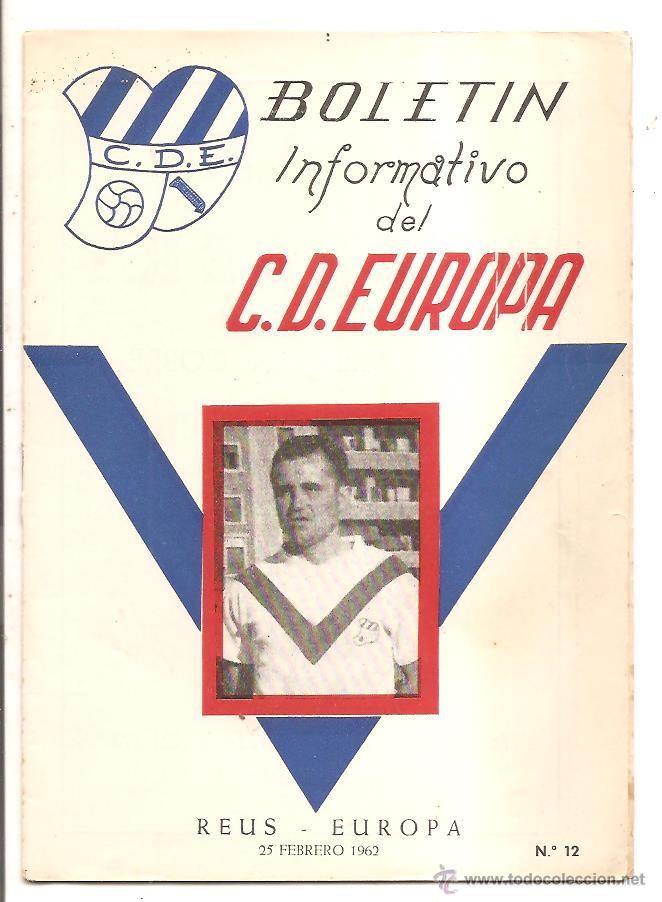 Colecionismo desportivo: BOLET&Iacute;N C.D. EUROPA N&ordm; 12 &ndash; REUS-EUROPA &ndash; 25 FEBRERO 1962