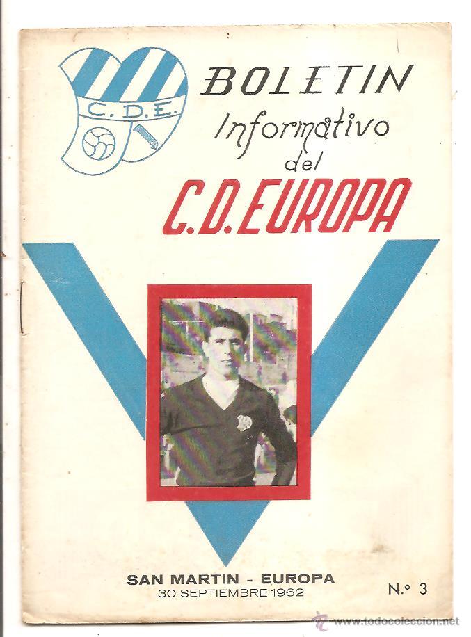 Colecionismo desportivo: BOLET&Iacute;N C.D. EUROPA N&ordm; 3 &ndash; SAN MART&Iacute;N-EUROPA &ndash; 30 SETIEMBRE 1962
