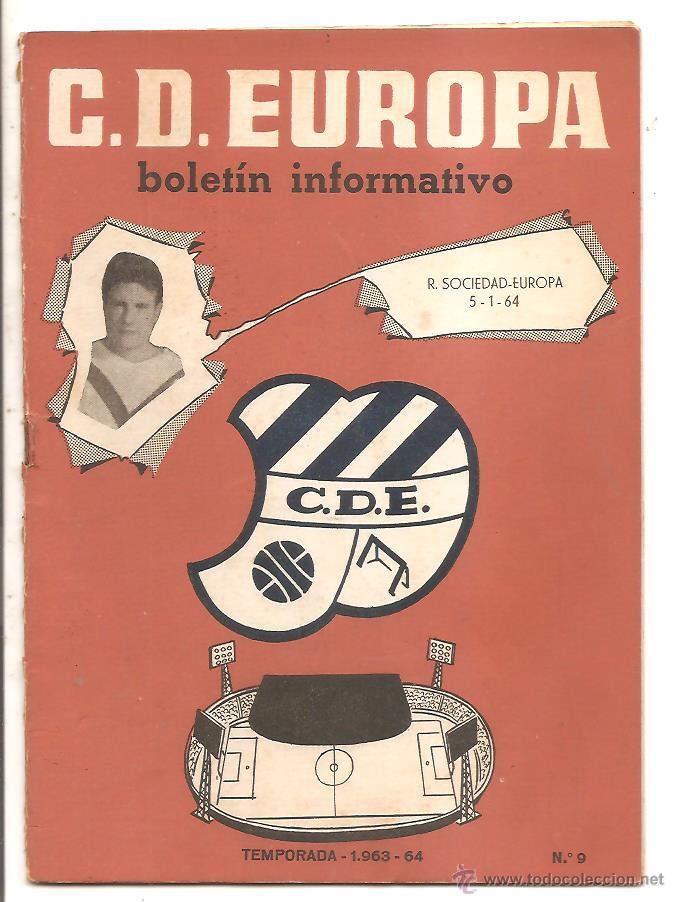 Sports collectibles: BOLET&Iacute;N C.D. EUROPA N&ordm; 9 &ndash; TEMPORADA 1963-64 &ndash; REAL SOCIEDAD-EUROPA &ndash; 5 ENERO 1964