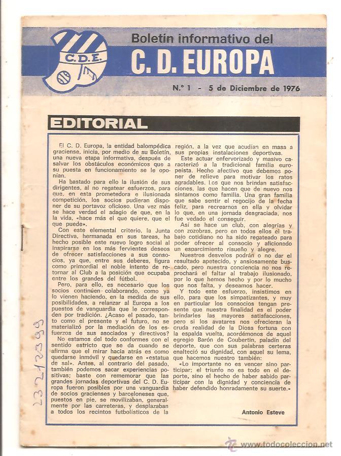 Coleccionismo deportivo: BOLET&Iacute;N C.D. EUROPA N&ordm; 1 &ndash; EUROPA-MONCADA &ndash; 5 DICIEMBRE 1976