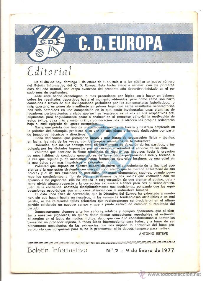 Coleccionismo deportivo: BOLET&Iacute;N C.D. EUROPA N&ordm; 2 &ndash; EUROPA-J&Uacute;PITER &ndash; 9 ENERO 1977