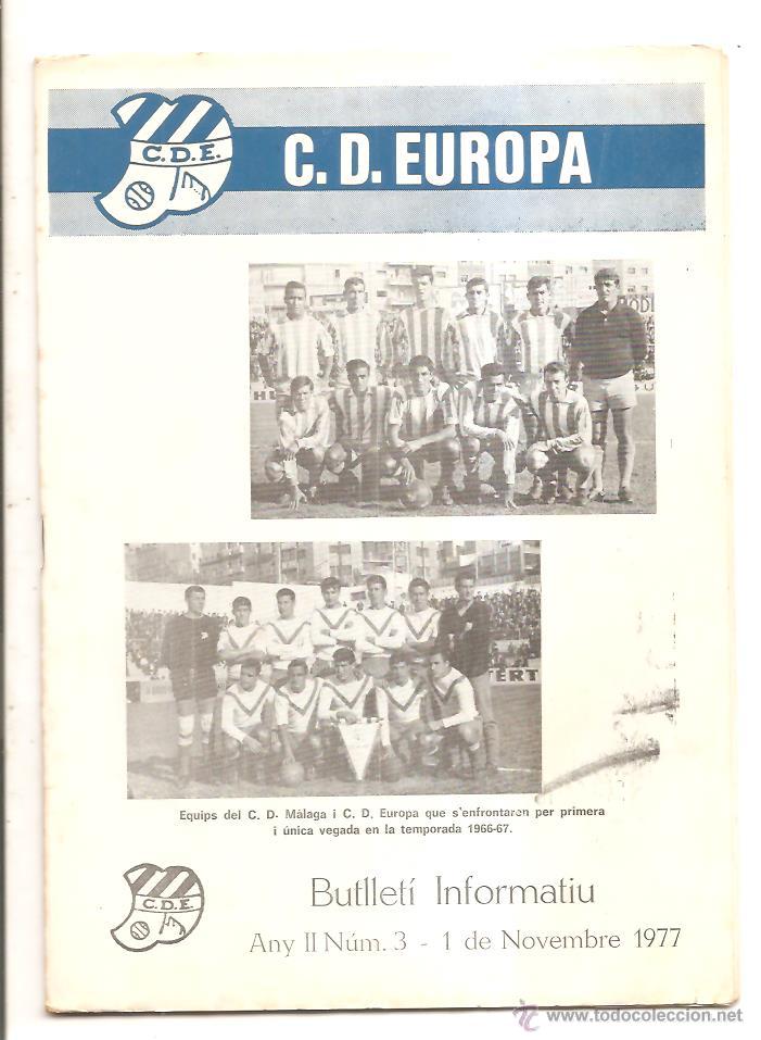 Sports collectibles: BUTLLET&Iacute; C.D. EUROPA N&ordm; 3 &ndash; EUROPA-M&Aacute;LAGA &ndash; 1 NOVIEMBRE 1977