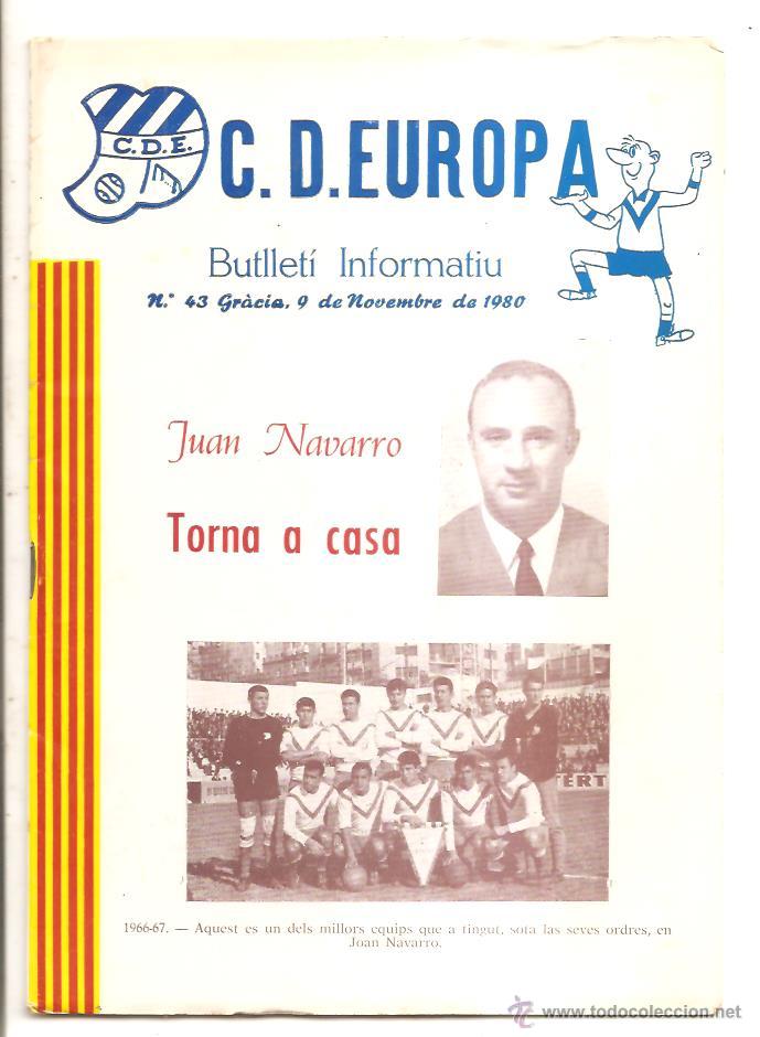 Sports collectibles: BUTLLET&Iacute; C.D. EUROPA N&ordm; 43 &ndash; EUROPA-MATAR&Oacute; - CR&Oacute;NICA BADALONA 5 EUROPA 0 &ndash; 9 NOVIEMBRE 1980
