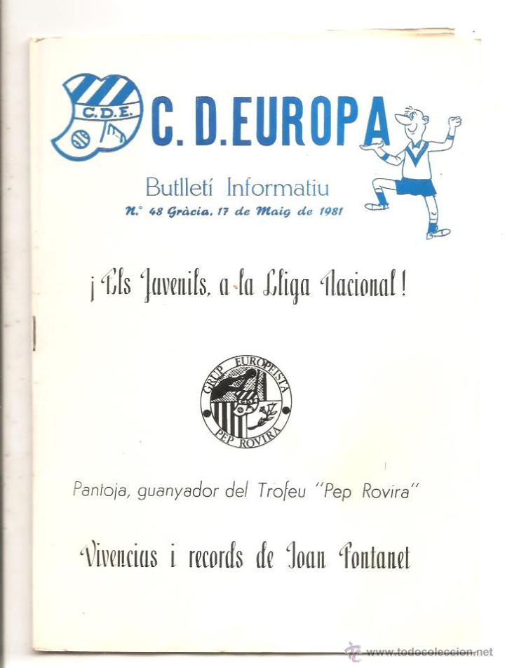 Sports collectibles: BUTLLET&Iacute; C.D. EUROPA N&ordm; 48 &ndash; EUROPA-GIRONA - CR&Oacute;NICA HOSPITALET 2 EUROPA 0 &ndash; 17 MAYO 1981