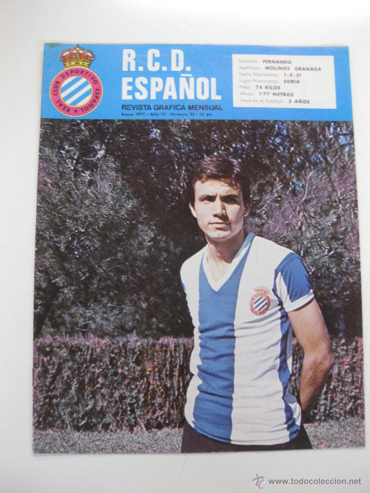 Collezionismo sportivo: REVISTA GRAFICA MENSUAL R.C.D. ESPA&Ntilde;OL N&ordm; 25. EN PORTADA MOLINOS. ENERO 1977. CARTA MANUEL MELER.