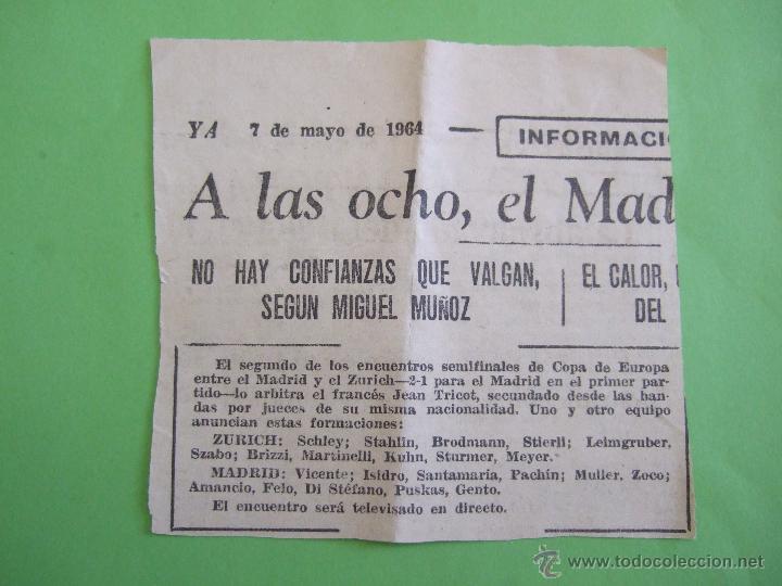 Coleccionismo deportivo: RECORTE DEL PERIODICO YA - 1964 - SEMIFINALES COPA DE EUROPA MADRID ZURICH - ALINEACIONES