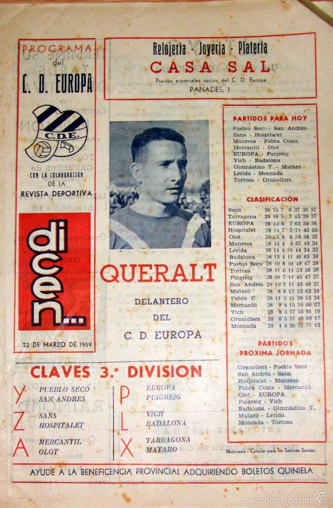 Collezionismo sportivo: PROGRAMA C.D. EUROPA BARCELONA 22 MARZO 1959