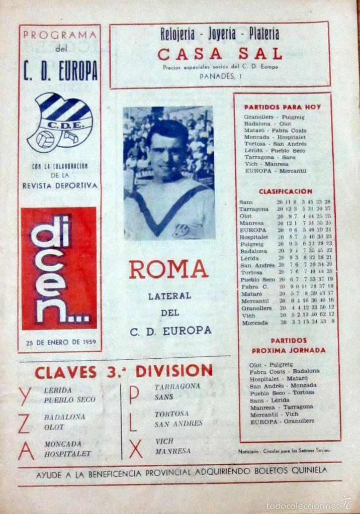 Collezionismo sportivo: PROGRAMA C.D. EUROPA BARCELONA 25 ENERO 1959 DICEN