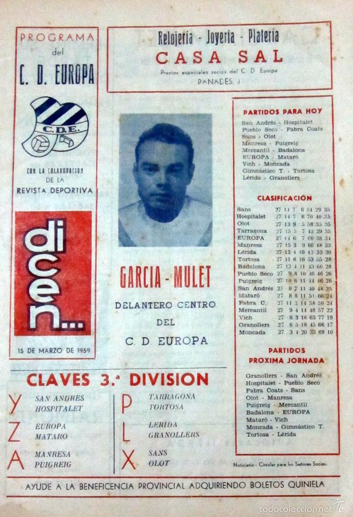 Collezionismo sportivo: PROGRAMA C.D. EUROPA BARCELONA 15 MARZO 1959 DICEN