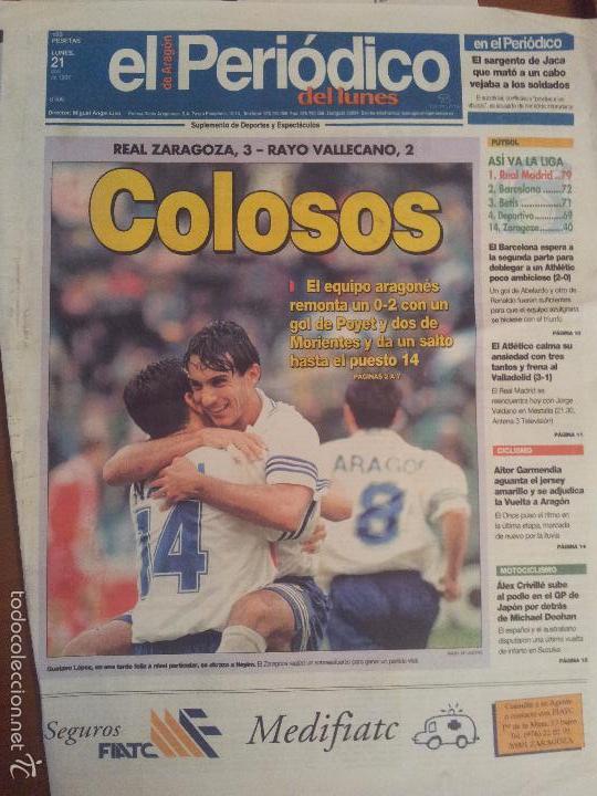 Coleccionismo deportivo: EL PERIODICO DE ARAG&Oacute;N 21/ABRIL/1997 REAL ZARAGOZA 3 - RAYO 2 - PORTADA GUSTAVO L&Oacute;PEZ