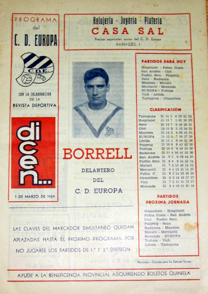 Coleccionismo deportivo: PROGRAMA FUTBOL PROGRAM FOOTBALL C.D. EUROPA BARCELONA MARZO 1959 DICEN...