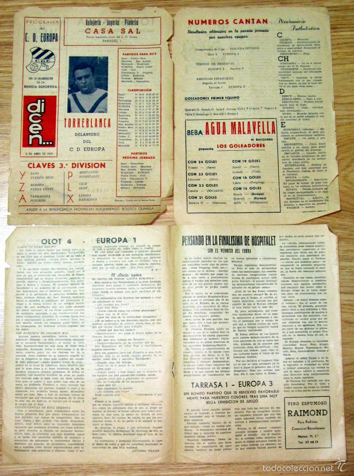 Coleccionismo deportivo: PROGRAMA FUTBOL PROGRAM FOOTBALL C.D. EUROPA BARCELONA ABRIL 1959 DICEN...