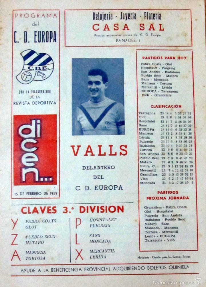 Coleccionismo deportivo: PROGRAMA FUTBOL PROGRAM FOOTBALL C.D. EUROPA BARCELONA FEBRERO 1959 DICEN...