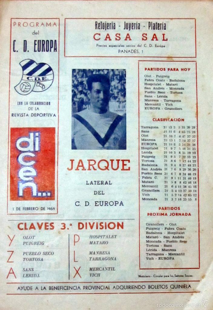Coleccionismo deportivo: PROGRAMA FUTBOL PROGRAM FOOTBALL C.D. EUROPA BARCELONA FEBRERO 1959 DICEN...