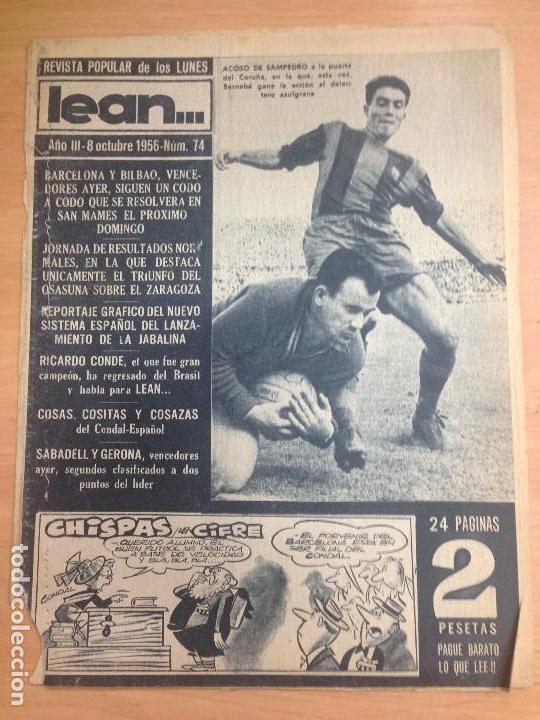 Coleccionismo deportivo: REVISTA DEPORTIVA LEAN N&ordm; 74 OCTUBRE 1956 PARTIDO FUTBOL BARCELONA -CORU&Ntilde;A CONDAL-ESPA&Ntilde;OL