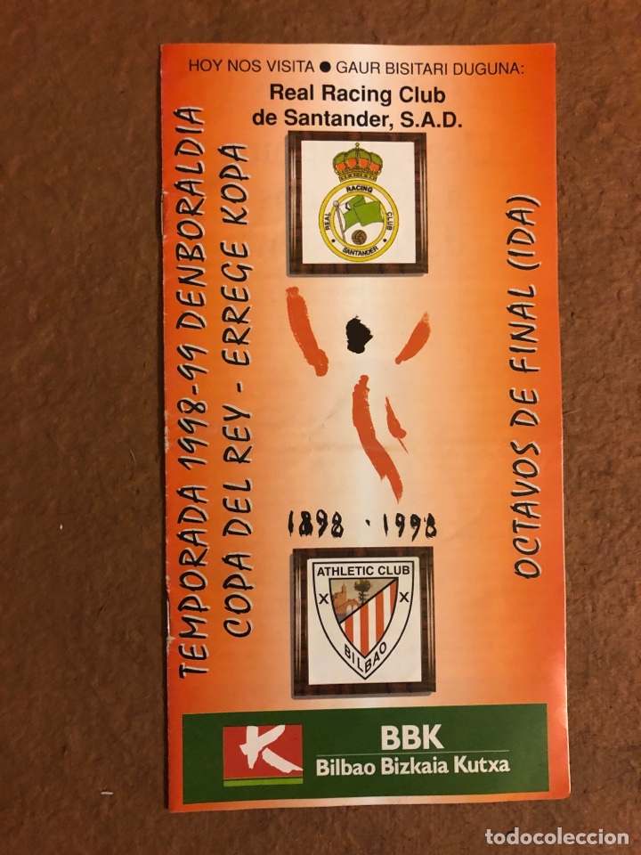 Coleccionismo deportivo: ATHLETIC CLUB DE BILBAO 2-2 REAL RACING CLUB SANTANDER. PROGRAMA OFICIAL PARTIDO 1/8 COPA REY, 98/99