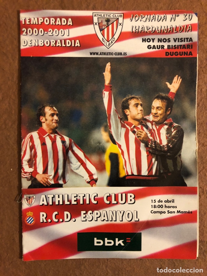 Collezionismo sportivo: ATHLETIC CLUB DE BILBAO 0-1 RCD ESPANYOL. PROGRAMA OFICIAL PARTIDO JORNADA 30, TEMPORADA 00/01.