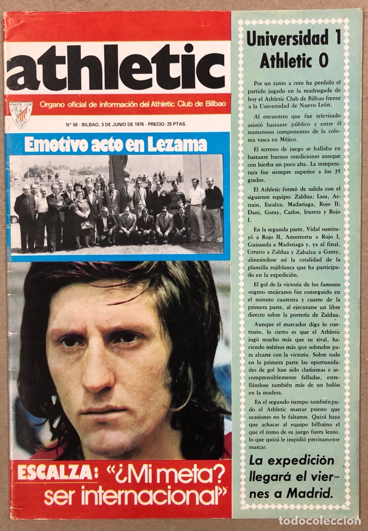 Collectionnisme sportif: ATHLETIC CLUB BILBAO N&deg; 58 (1976). REVISTA OFICIAL. POSTER DE CARMELO, GIRA POR M&Eacute;XICO, ESCALZA,