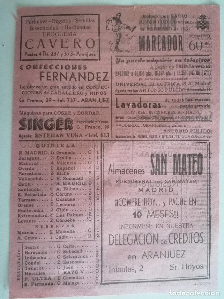 Coleccionismo deportivo: HOJA MARCADOR, QUINIELA Y CLASIFICACION, EDITADO POR RADIO JUVENTUD, ARANJUEZ, MARZO 1961