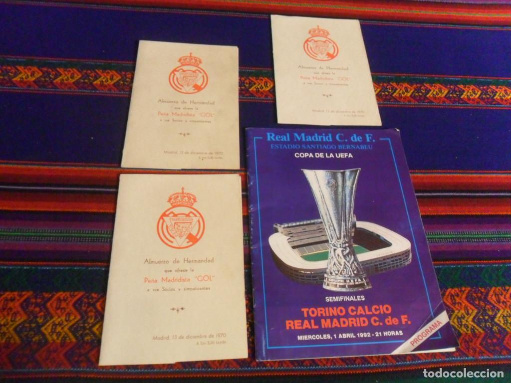 Coleccionismo deportivo: PROGRAMA COPA DE LA UEFA REAL MADRID TORINO 1992. REGALO 3 ALMUERZO PE&Ntilde;A MADRIDISTA GOL 1970. RARO.