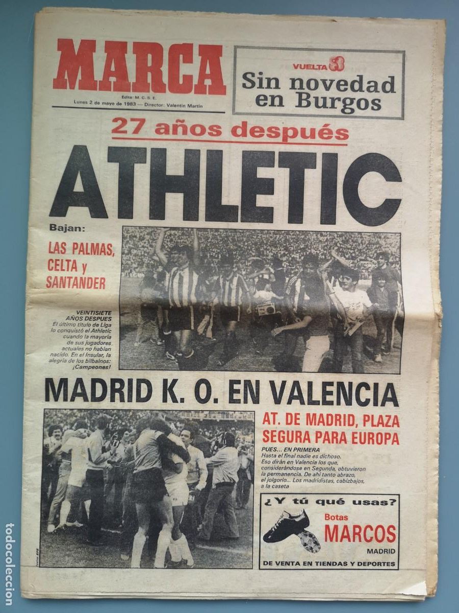 Coleccionismo deportivo: PERIODICO MARCA 02/05 1983 ATHLETIC CLUB CAMPEON LIGA BILBAO VIZCAYA SAN MAMES CLEMENTE DANI SARABIA