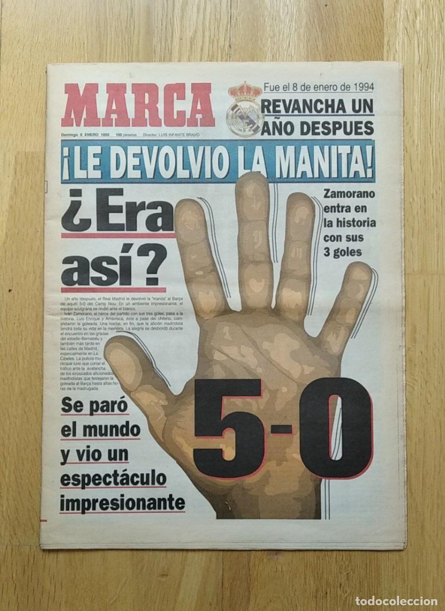 Coleccionismo deportivo: PERI&Oacute;DICO MARCA DEL 8 DE ENERO DE 1995. REAL MADRID 5-0 BARCELONA