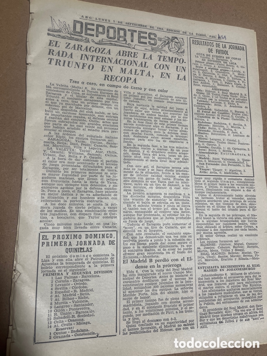 Coleccionismo deportivo: 07-09-1964 LA VALETTA v. ZARAGOZA RECOPA