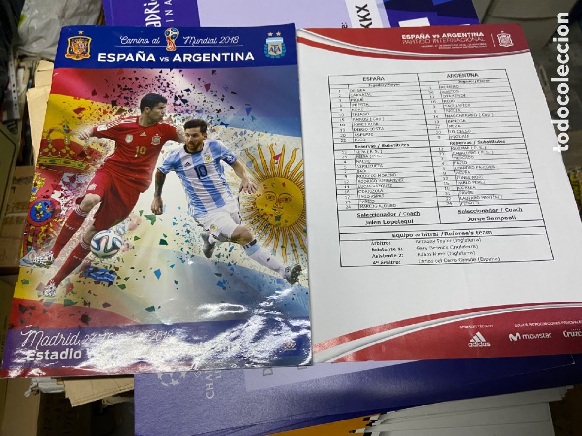 Collezionismo sportivo: PROGRAMA OFICIAL + LINE UPS ALINEACIONES ESPA&Ntilde;A 6-1 ARGENTINA 2018 WANDA METROPOLITANO MESSI