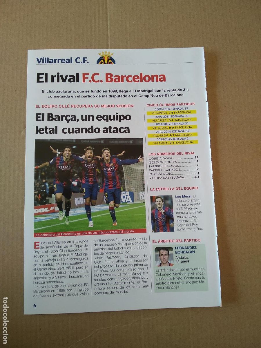 Coleccionismo deportivo: HOJA REVISTA VILLARREAL TIPO REPORTAJE RIVAL BARCELONA BAR&Ccedil;A MESSI NEYMAR LUIS SUAREZ