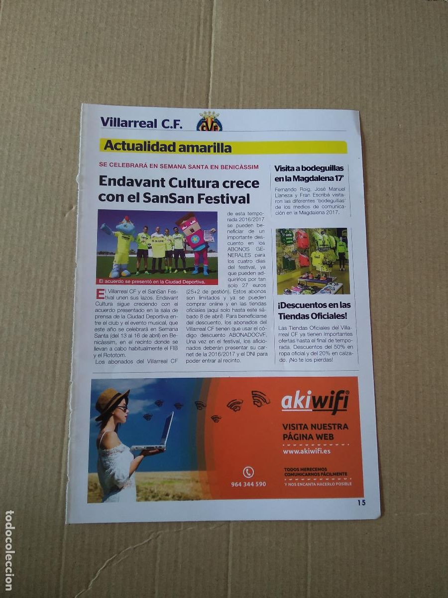 Coleccionismo deportivo: HOJA REVISTA VILLARREAL ENDAVANT CULTURAL SANSAN FESTIVAL AKIWIFI PUBLICIDAD MAHOU PARTIDO ESTRELLAS