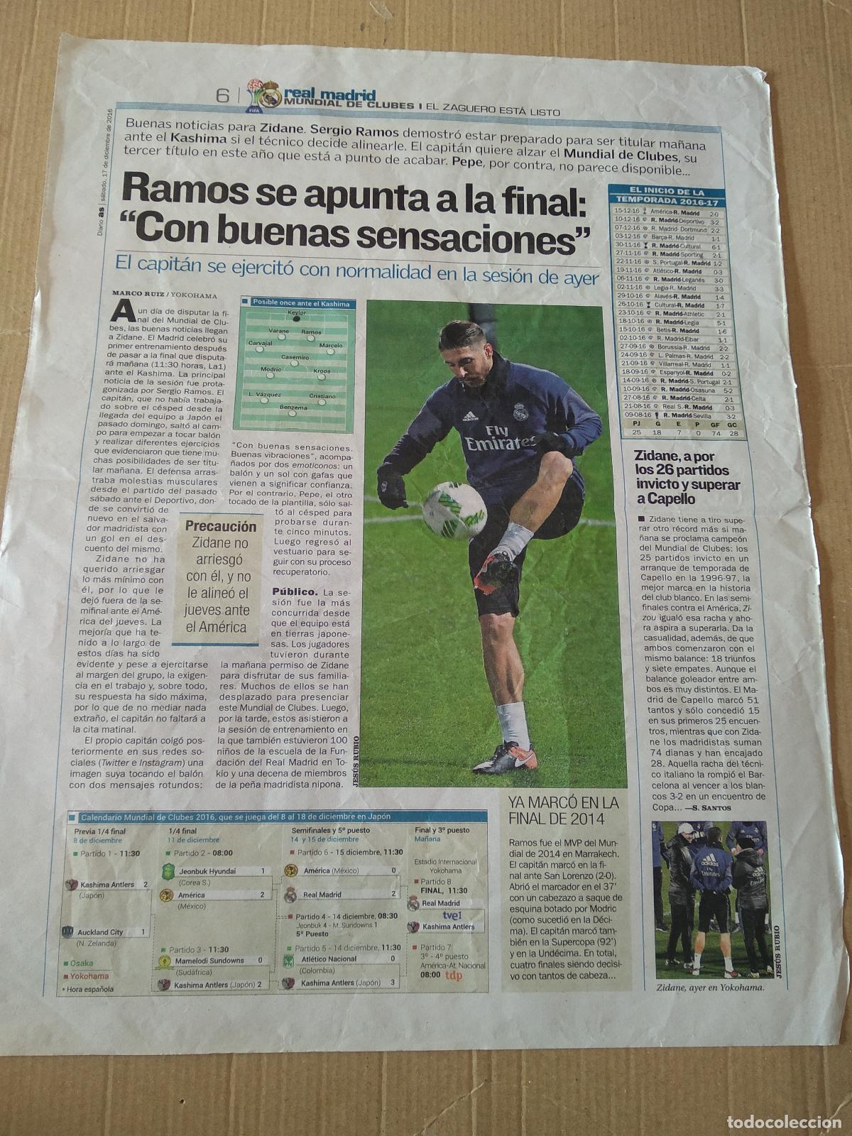 Coleccionismo deportivo: HOJA PERIODICO DIARIO MUNDIAL DE CLUBES SERGIO RAMOS REAL MADRID