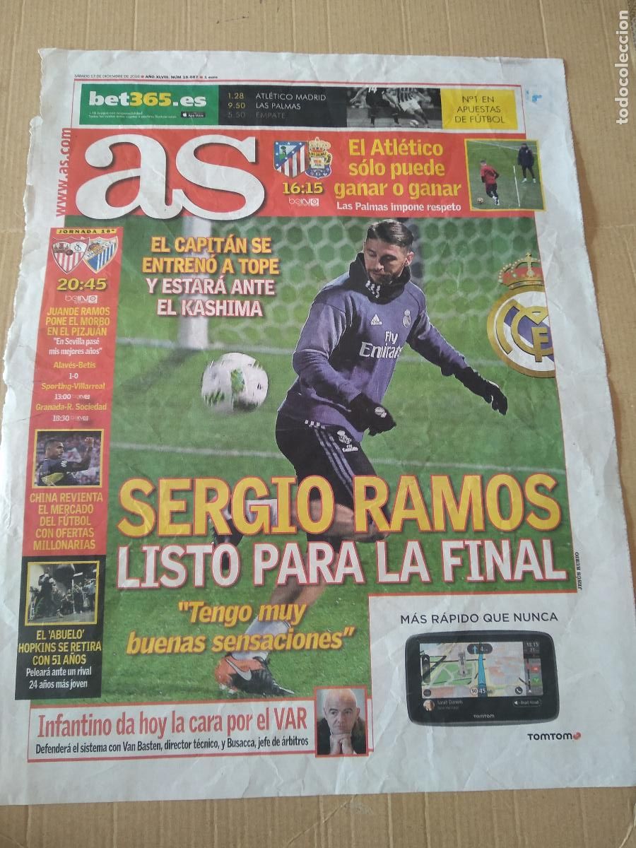 Coleccionismo deportivo: HOJA PERIODICO DIARIO AS SERGIO RAMOS LISTO PARA LA FINAL REAL MADRID