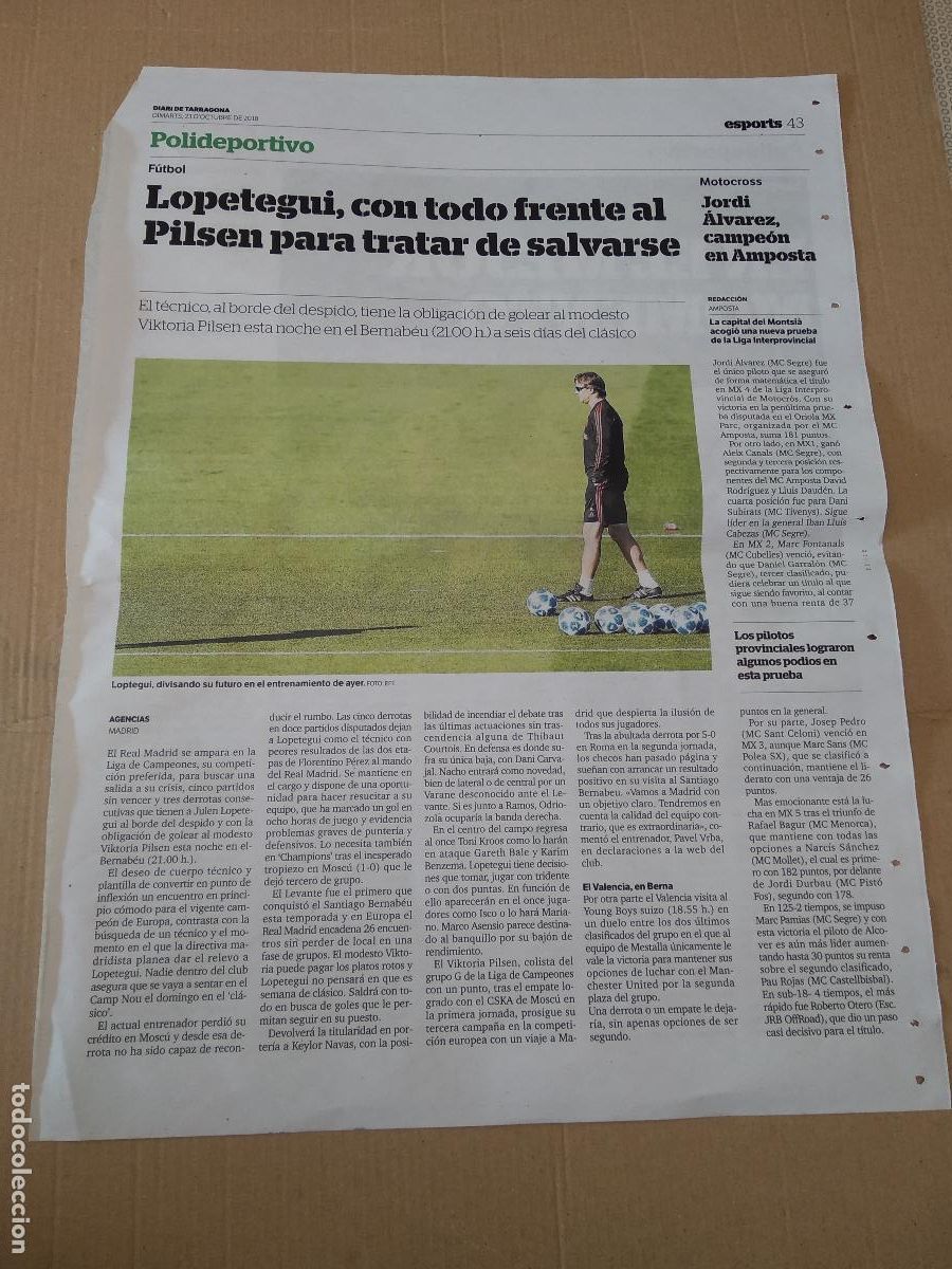 Coleccionismo deportivo: RECORTE PERIODICO DIARI DE TARRAGONA LOPETEGUI MUNDIAL 2018 ESPA&Ntilde;A EDU PRADES CICLISMO