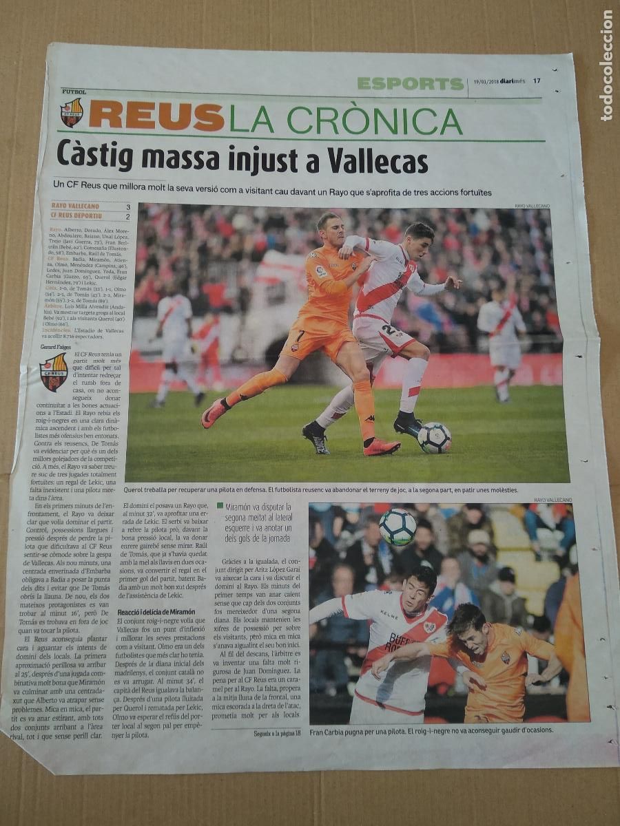Coleccionismo deportivo: HOJA DIARI MES SANTI COMESA&Ntilde;A RAYO VALLECANO VS QUEROL REUS FRAN CARBIA RAUL DE TOMAS LOPEZ GARAI