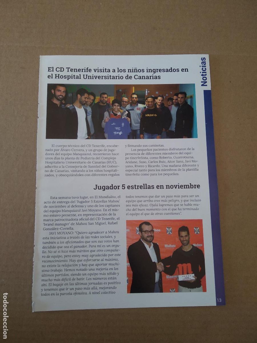 Coleccionismo deportivo: HOJA REVISTA TENERIFE JAVI MOYANO 5 ESTRELLAS MAHOU VISITA HOSPITAL UNIVERSITARIO AFICION FANS