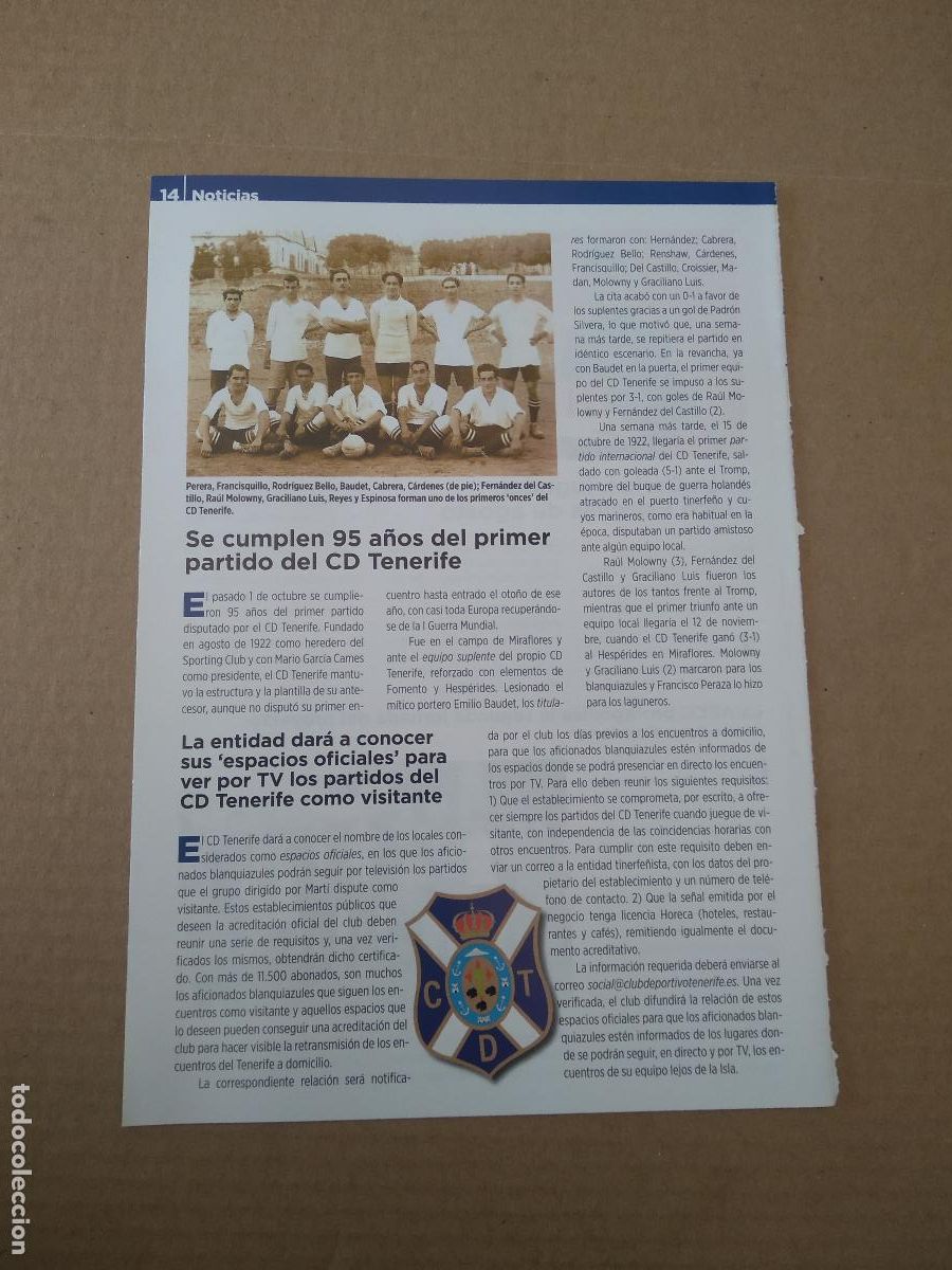 Coleccionismo deportivo: HOJA REVISTA TENERIFE 95 A&Ntilde;OS PRIMER PARTIDO JUAN CARLOS REAL 5 ESTRELLAS MAHOU HELIODORO SOLIDARIO