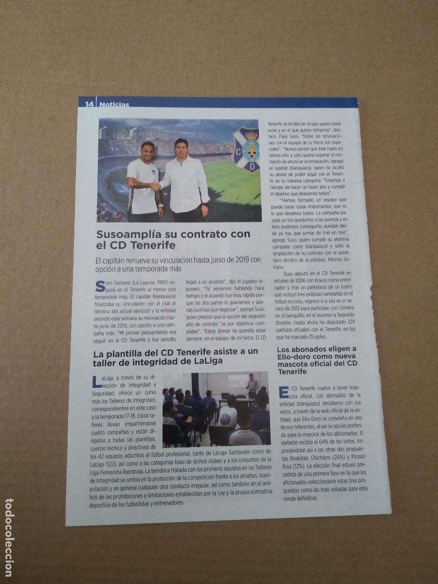 Coleccionismo deportivo: HOJA REVISTA TENERIFE TIPO REPORTAJE SUSO RENOVACION JUAN CARLOS REAL CINCO ESTRELLAS MAHOU