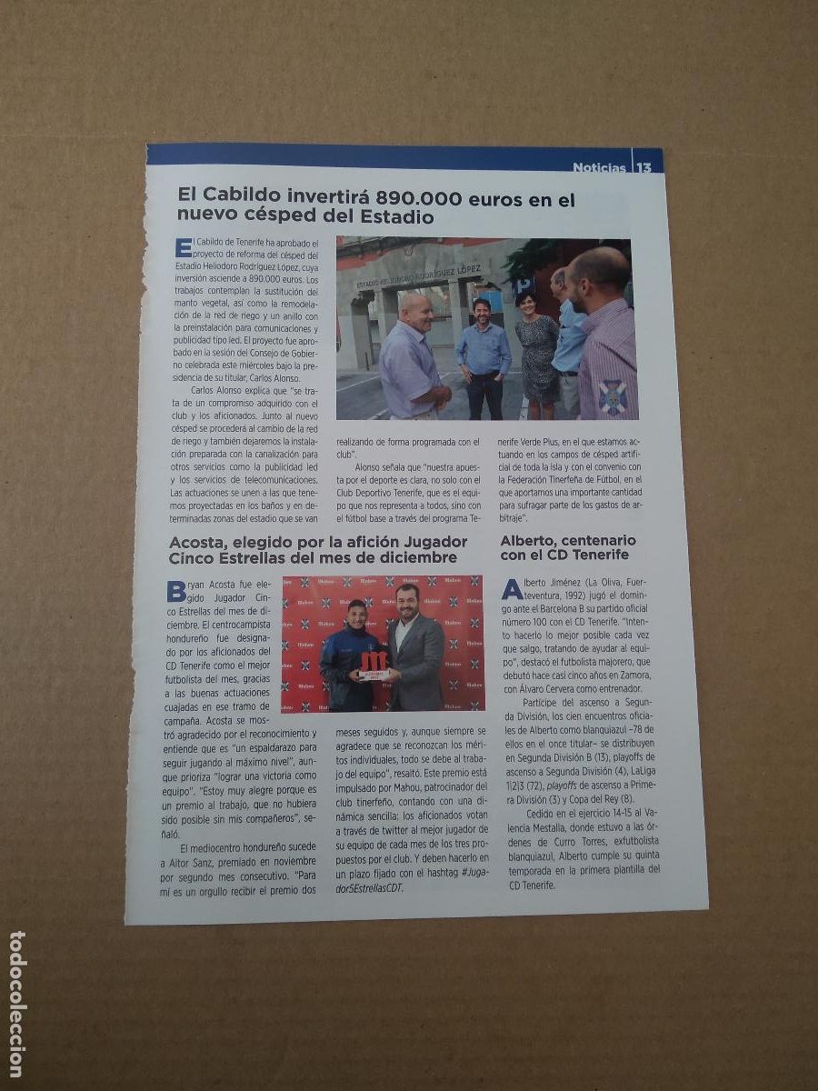 Coleccionismo deportivo: HOJA REVISTA TENERIFE EL CABILDO CESPED ESTADIO ACOSTA CINCO ESTRELLAS MAHOU DEPORTE JOVEN