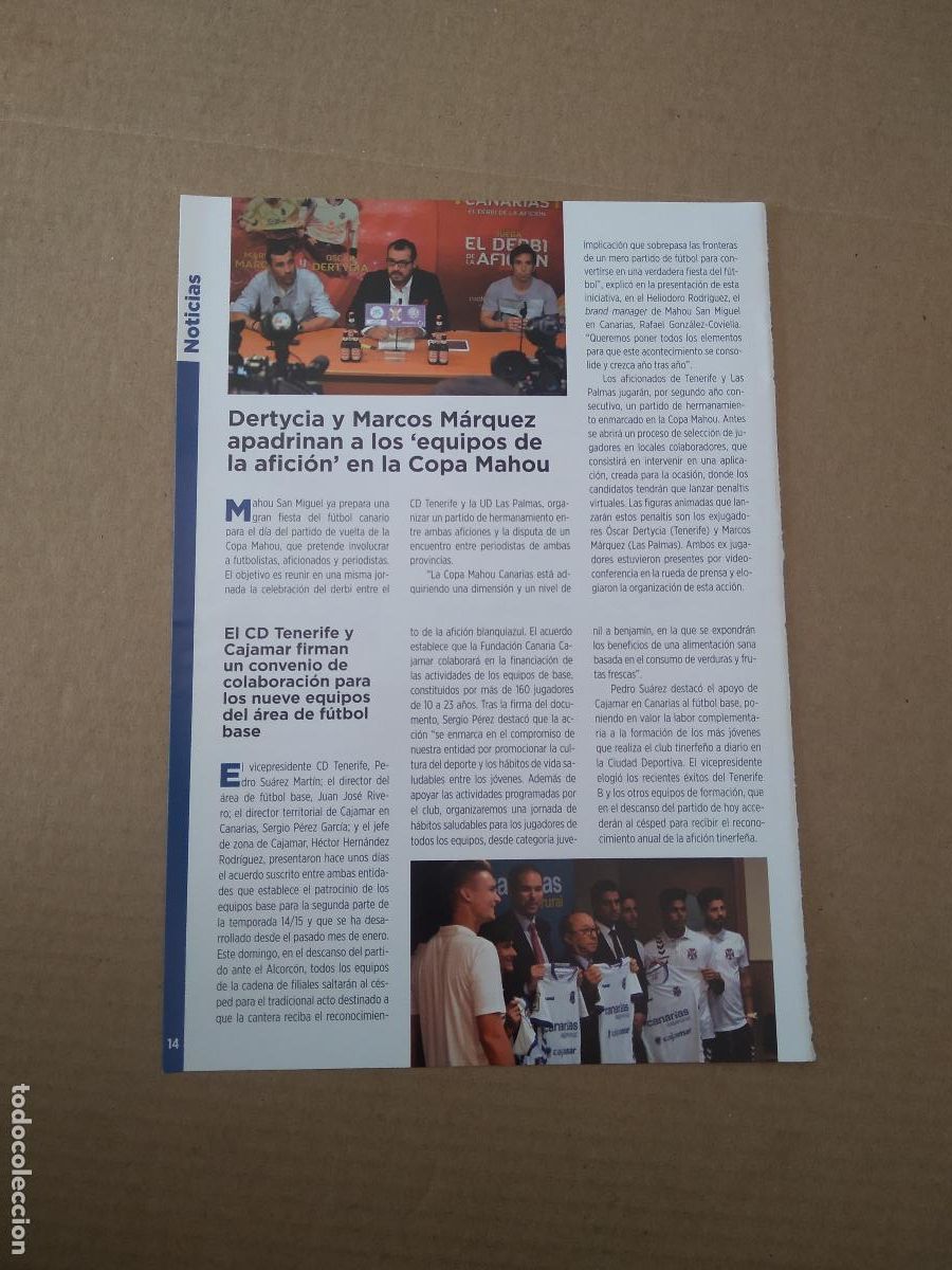 Coleccionismo deportivo: HOJA REVISTA TENERIFE DERTYCIA MARCOS MARQUEZ EQUIPOS AFICION COPA MAHOU PUBLICIDAD CAJAMAR