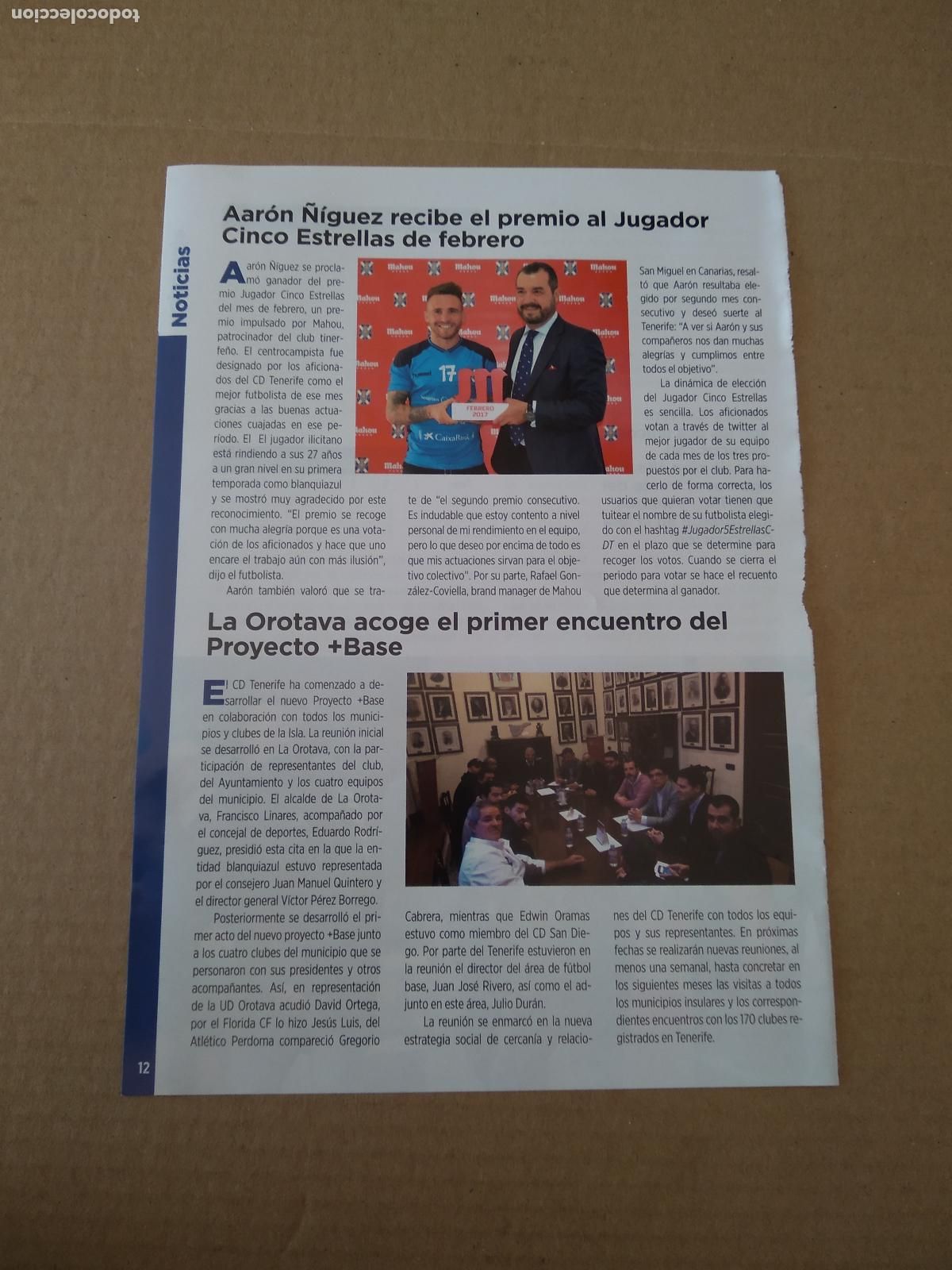 Coleccionismo deportivo: HOJA REVISTA TENERIFE AARON &Ntilde;IGUEZ PREMIO CINCO ESTRELLAS MAHOU OROTAVA PROYECTO +BASE MARTI