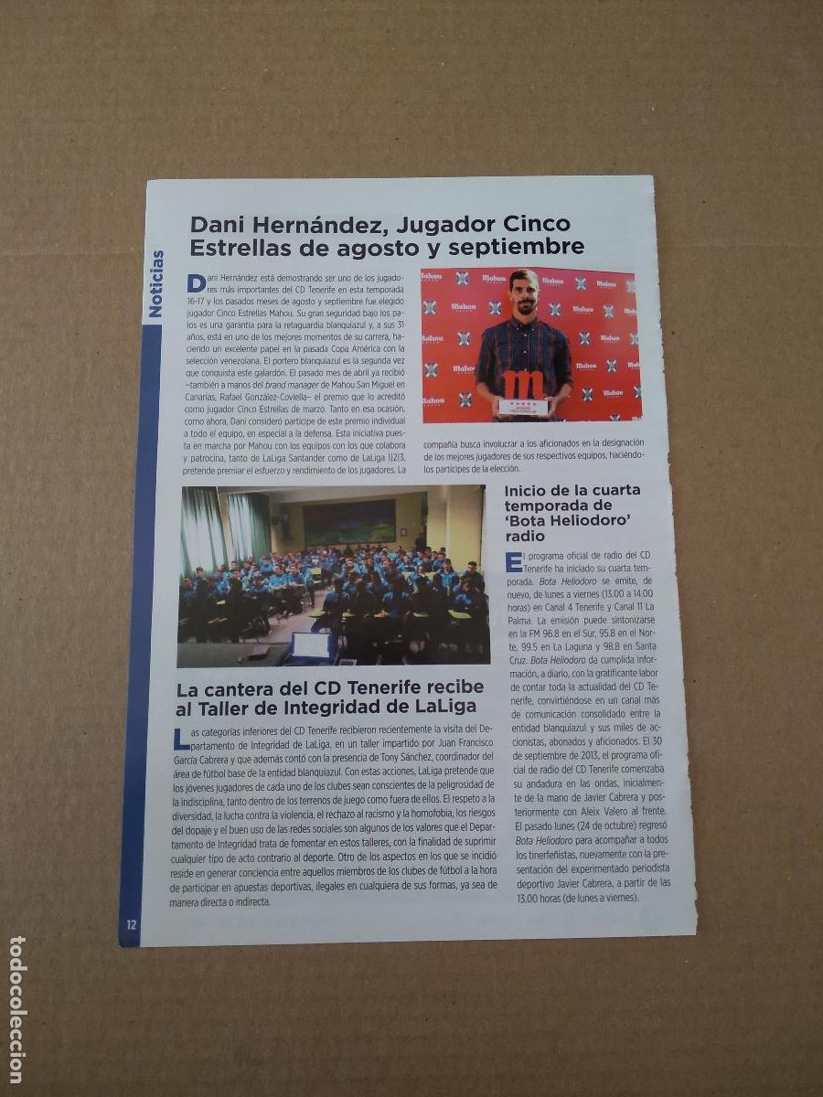 Coleccionismo deportivo: HOJA REVISTA TENERIFE DANI HERNANDEZ JUGADOR 5 ESTRELLAS MAHOU CANTERA ENTREVISTA MARTI
