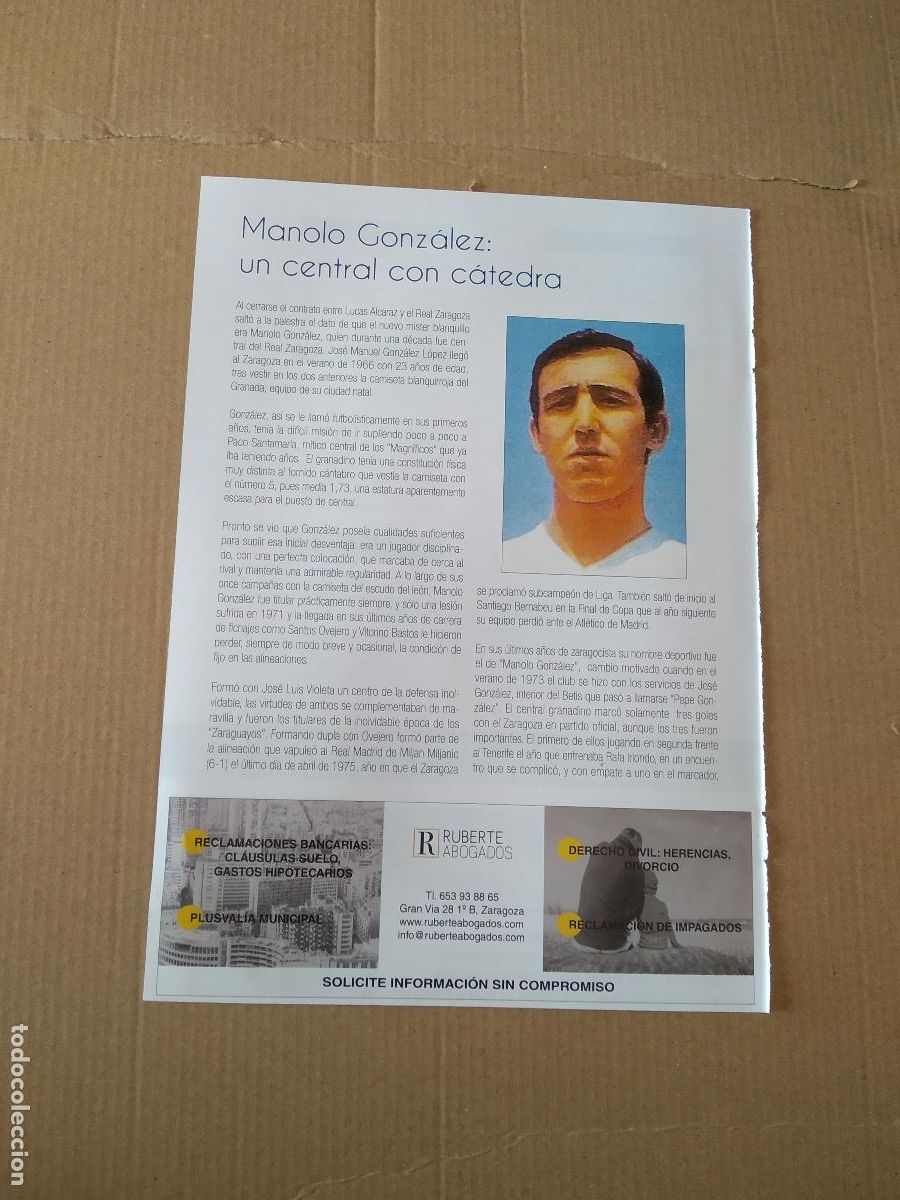 Coleccionismo deportivo: HOJA REVISTA ZARAGOZA MANOLO GONZALEZ UN CENTRAL CON CATEDRA AUPA ZARAGOZA COMENTARIOS ELCHE