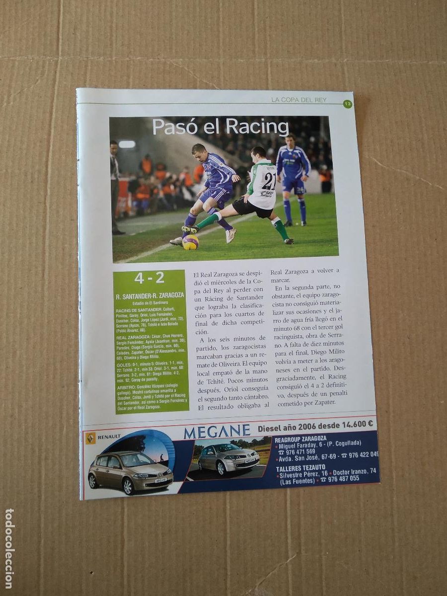 Coleccionismo deportivo: HOJA REVISTA ZARAGOZA D'ALESSANDRO VS AYOZE RACING DE SANTANDER BALON PELOTA ADIDAS PUBLICIDAD