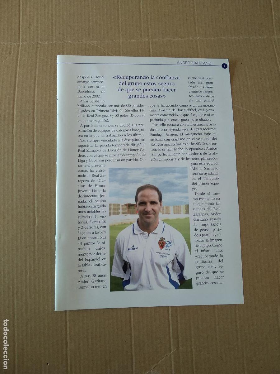 Coleccionismo deportivo: HOJA REVISTA ZARAGOZA TIPO REPORTAJE ANDER GARITANO PUBLICIDAD AMBAR CERVEZA