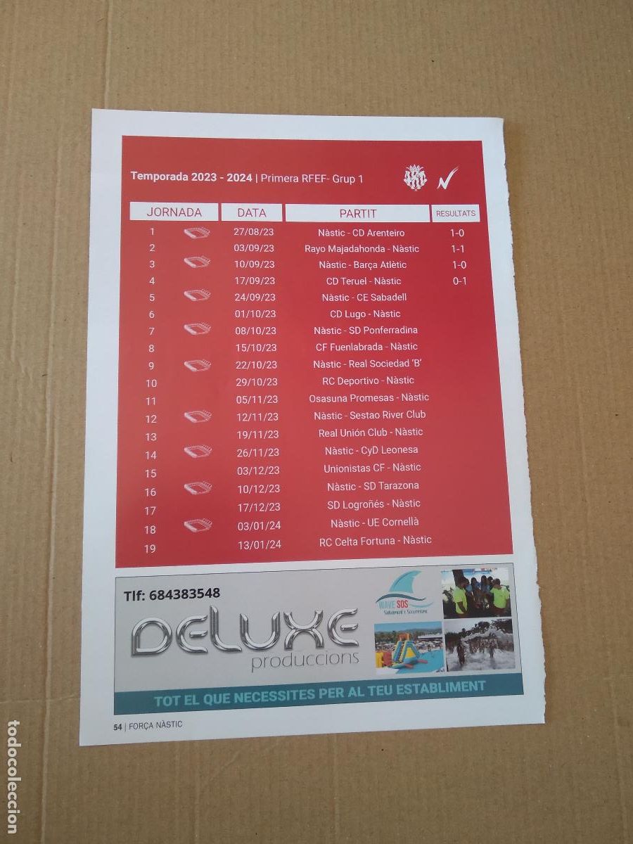 Colecionismo desportivo: HOJA REVISTA NASTIC DE TARRAGONA CALENDARIO 23-24 EQUIP PLANTILLA FUTBOL BASE PLANTER GRANA