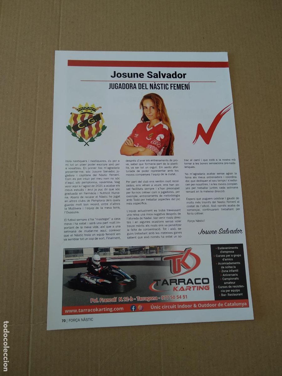 Collezionismo sportivo: HOJA REVISTA NASTIC DE TARRAGONA FEMENI JOSUNE SALVADOR PUBLICIDAD REPSOL ELECTRICIDAD Y GAS