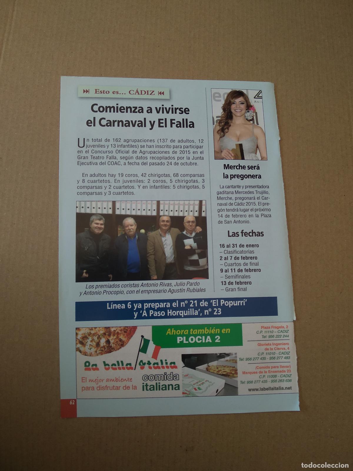Coleccionismo deportivo: HOJA REVISTA CADIZ EL CARNAVAL Y EL FALLA MERCHE PREGONERA FLYING DUTCHMAN SNIPE
