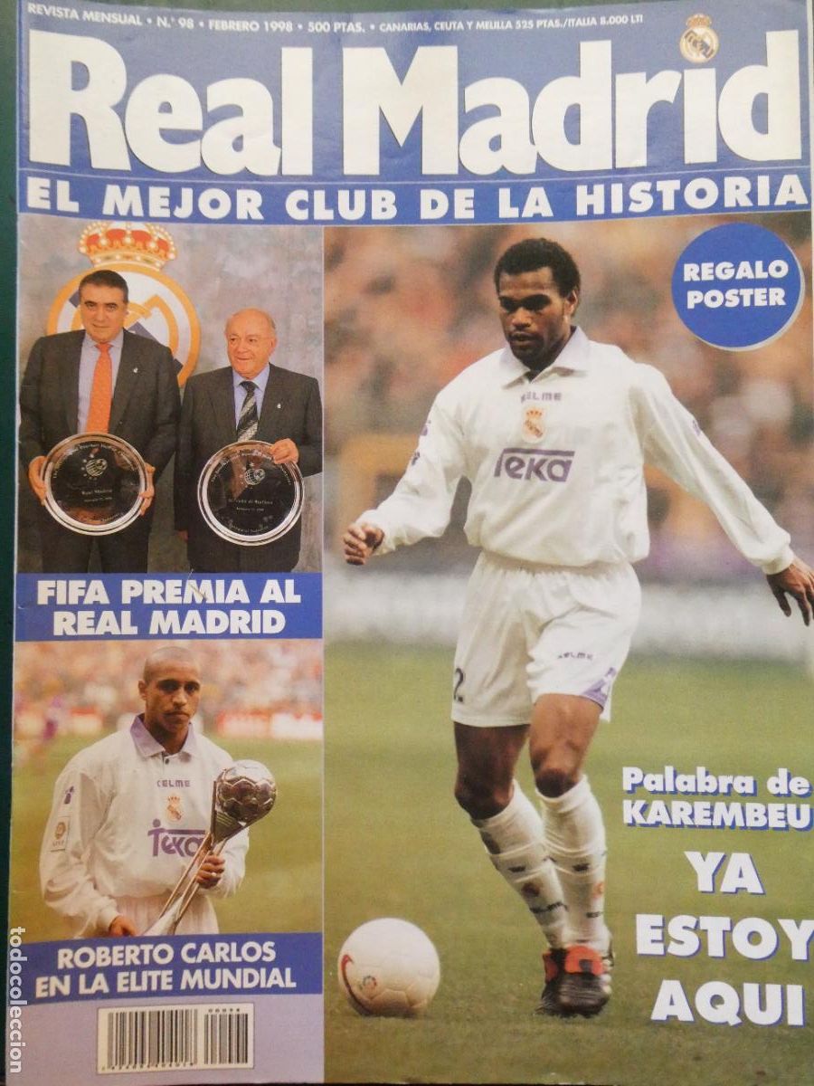 Collectionnisme sportif: REVISTA REAL MADRID CLUB DE F&Uacute;TBOL. N&ordm; 98 FEBRERO 1998 KAREMBEAU, ROBERTO CARLOS. 82P. 200 GR